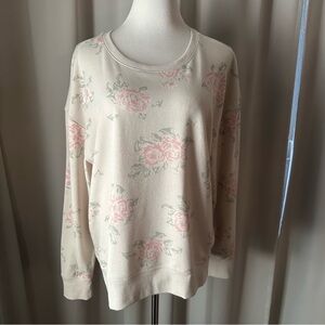 Lucky Brand Cream and Pink Floral Crew Neck Sweater